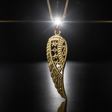 Celtic Angel Wing with Rune Symbols Solid Gold Pendant